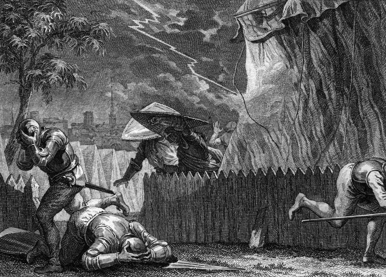 Belejring af Poitiers, 954: under en storm ødelagde et lys Hugues den Stores telt (897-956). Gravering af Jean Michel Moreau, dit Moreau le Jeune (1741-1814) af Jean Michel the Younger Moreau