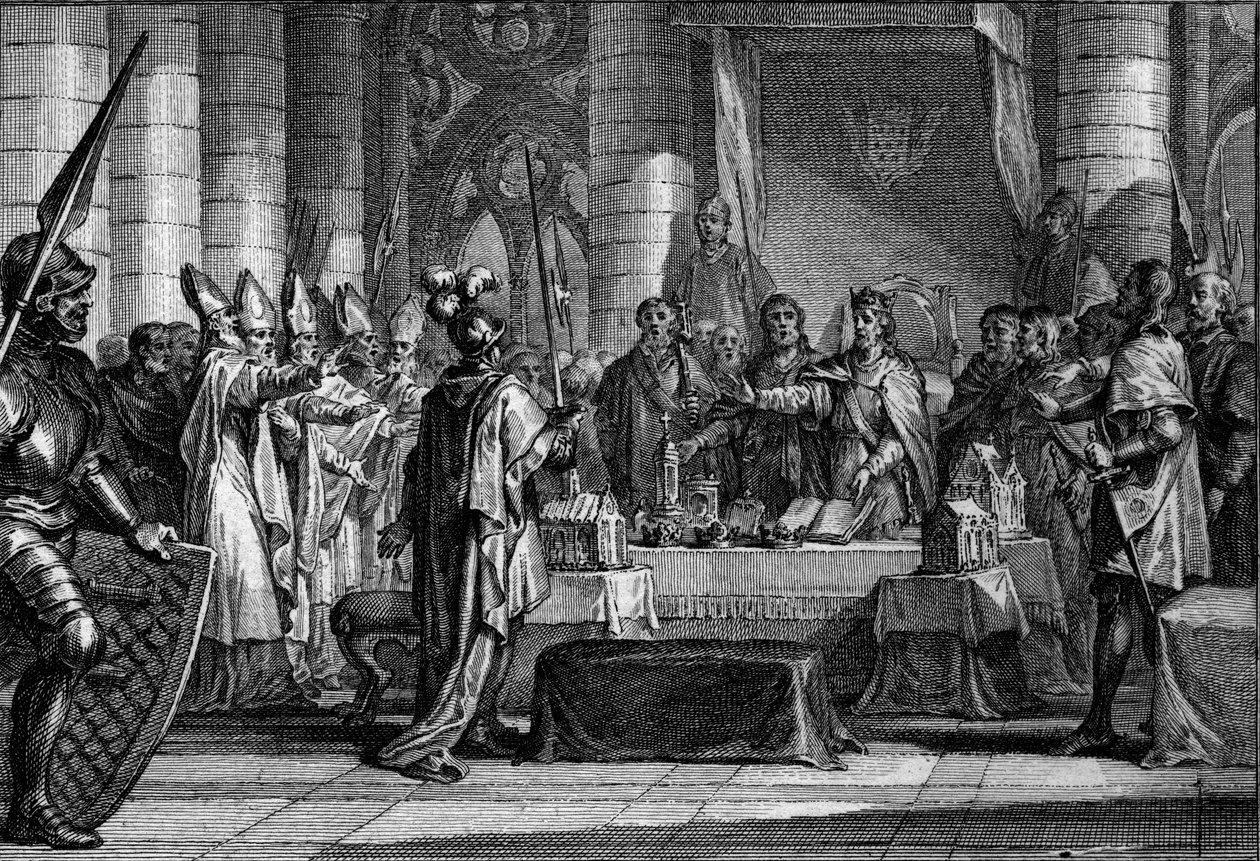 Efterfølger af Ludvig 1. den fromme eller Debonnaire, 816: Vestens kejser (778-840) før de tre kroner, der symboliserer opdelingen af hans imperium i tre kongeriger, der hver vender tilbage til en af hans sønner (Lothaire, Pepin, Louis) . Gravering af Jean af Jean Michel the Younger Moreau