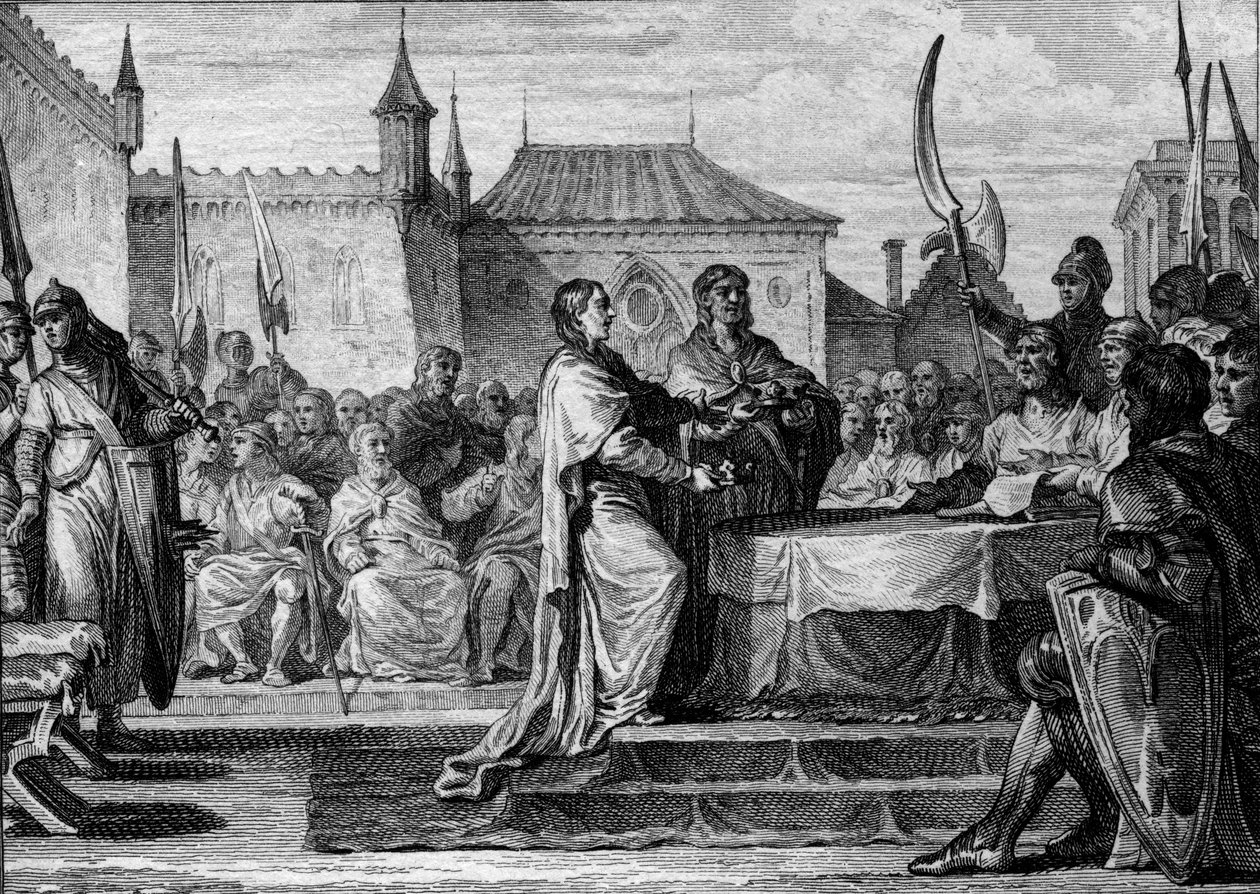Succession af Pepin the Brief, 768: en forsamling besluttede at dele kongeriget mellem hans to sønner, Karl den Store (747-814) og Carloman (ca. 751-771), og dermed nedbryde de arrangementer, som Pepin the Brief havde lavet. Stik af Jean Michel Moreau, dit af Jean Michel the Younger Moreau