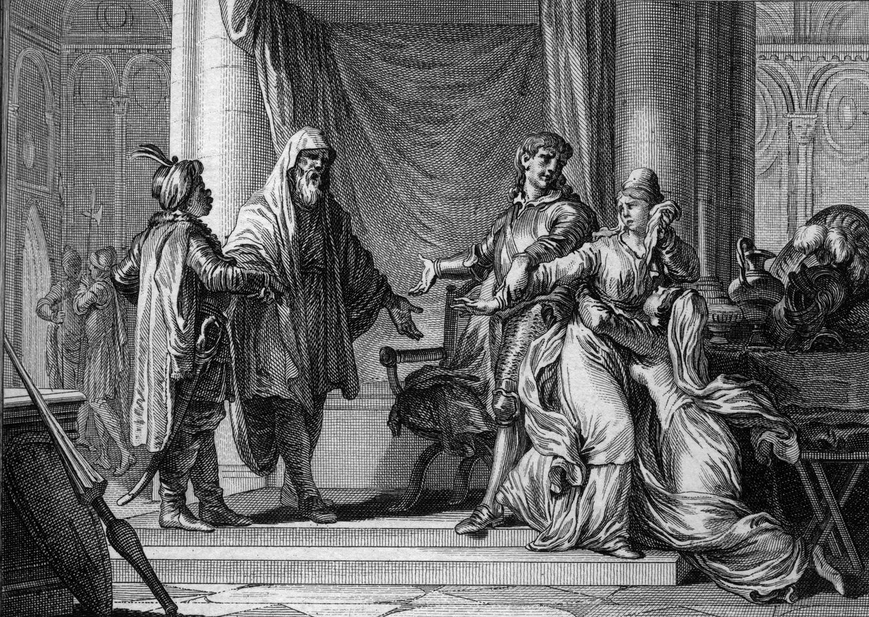 Prinsessen af Aquitaine, Lampagie, blev tvangsgiftet af sin far (Eudes) med den mauriske kaptajn Munuza (Uthman ibn Naissa) for at sikre fred med saracenerne, 730. Gravering af Jean Michel Moreau, dit Moreau le Jeune (1741-1814) ) af Jean Michel the Younger Moreau