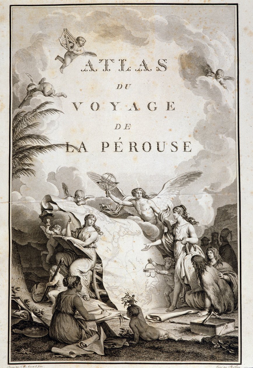 Titelside på "" Atlas du voyage de La Perouse "" (Jean-Francois Galaup, Comte de La Perouse (Jean Francois Laperouse) af Jean Michel the Younger Moreau