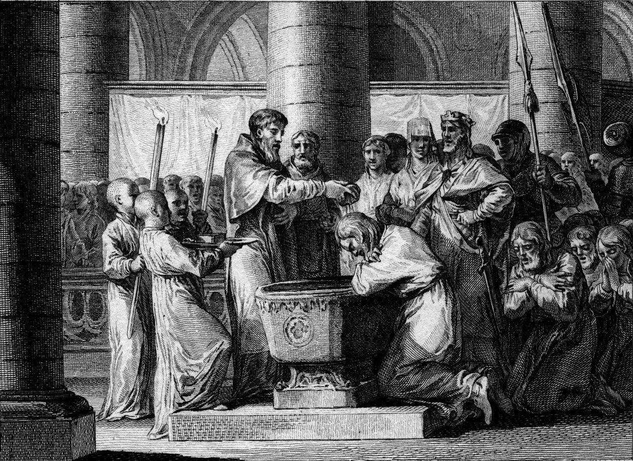 Krig mod sakserne, 785: dåb af Witikin af Sachsen (eller Widukind, Wittekind). Slået af Karl den Stores hær gik lederen af sakserne med til at konvertere til katolicismen. Gravering af Jean Michel Moreau, dit Moreau le Jeune (1741-1814) af Jean Michel the Younger Moreau