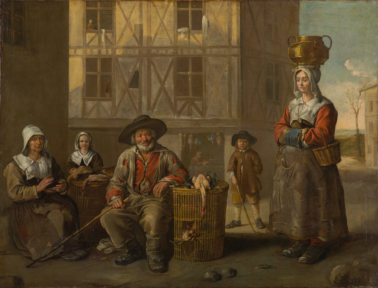 En fjerkræhandler og en gammel kvinde varmer sine hænder, omkring 1652 (olie på lærred) af Jean Michelin