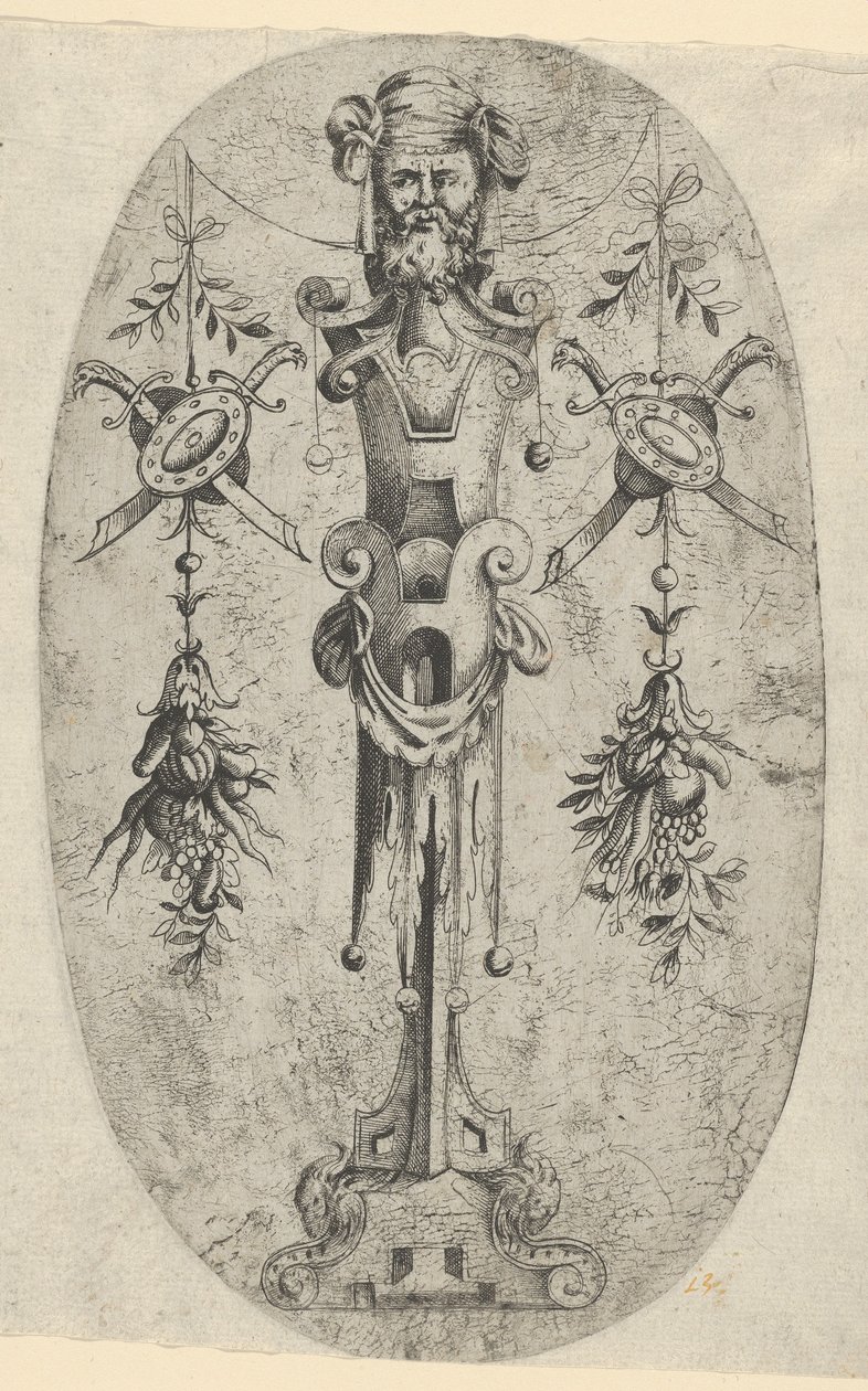 Mandlig endefigur, hoved med skæg og turban på en trekvart remspindel..., ca. 1543-45. af Jean Mignon
