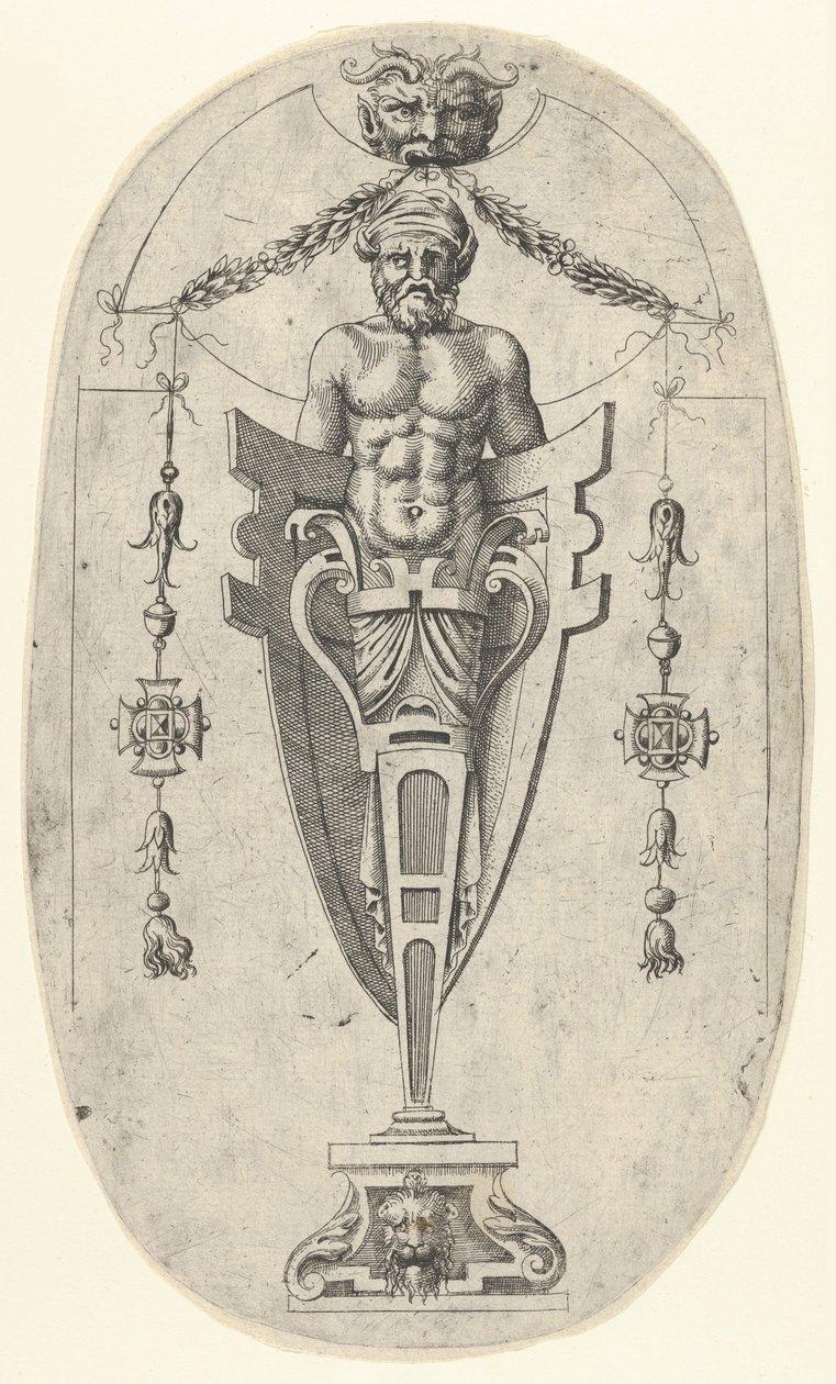 Mandlig terminalfigur, torso med skæg og turban på en halvlang piedestal lukket ..., ca. 1543. af Jean Mignon