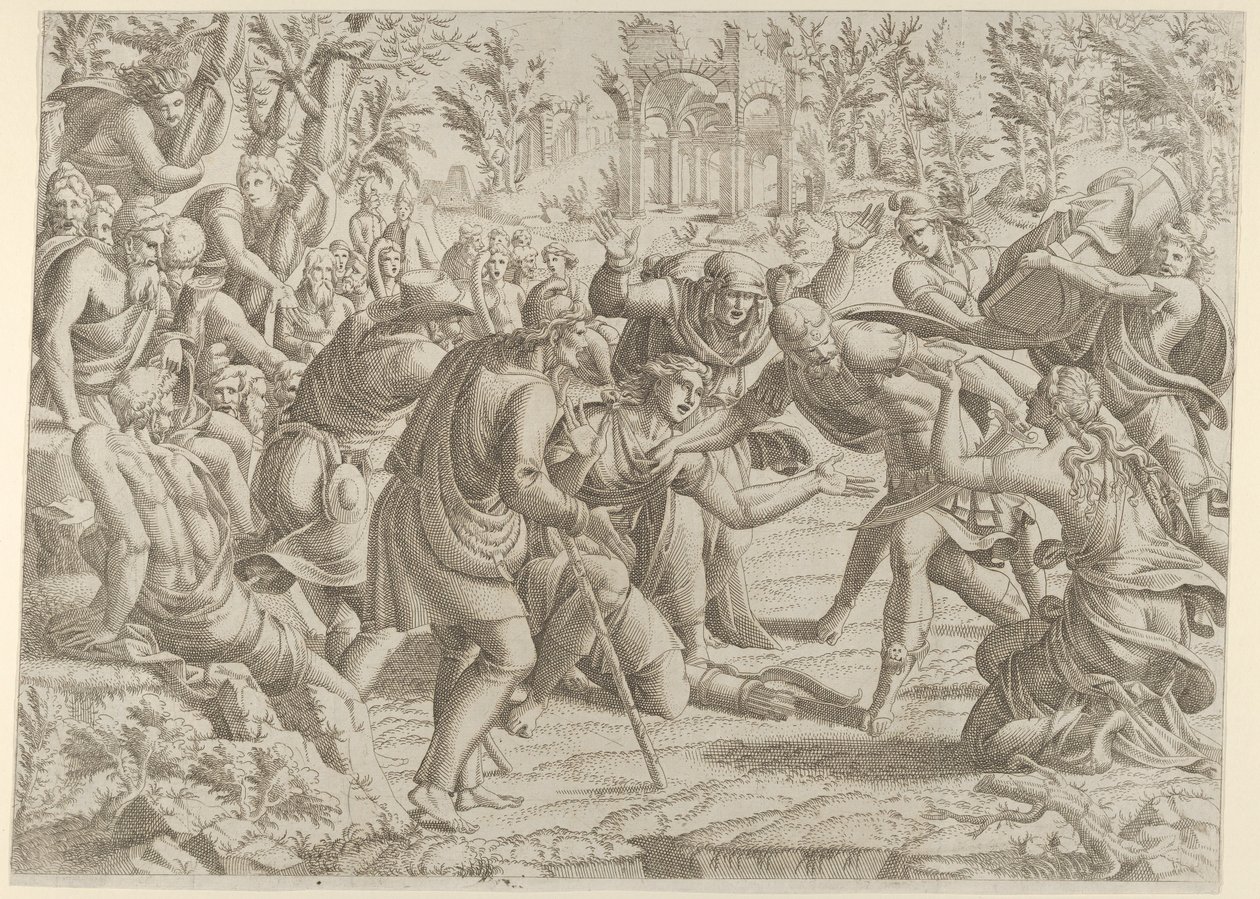 Den forræderiske Sinon bragt ind i Trajans lejr af hyrderne, 1535-55. af Jean Mignon