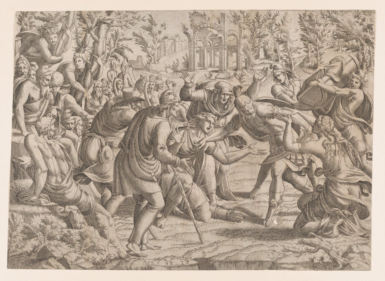 Den forræderiske sinon bragt ind i trojanernes lejr af hyrderne, 1535-55. af Jean Mignon