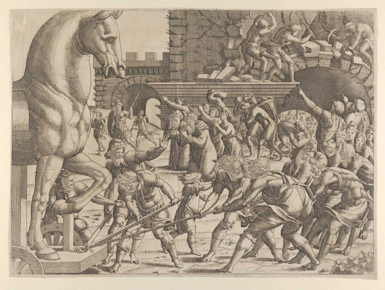 Trojanerne bringer træhesten ind i deres by, 1535-55. af Jean Mignon