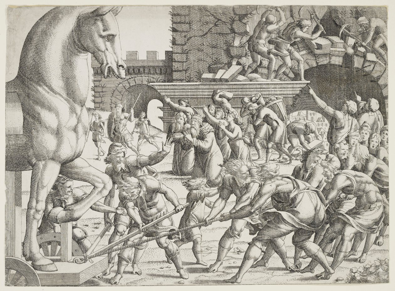 Trojanerne bringer træhesten ind i deres by af Jean Mignon