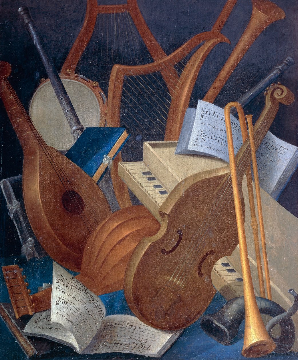 Musikinstrumenter, detaljer fra Allegory of Music, panelmaleri af Jean Mosnier (1600-1656). Beauregard Slot, Loir-et-Cher, Frankrig. af Jean Monier or Mosnier
