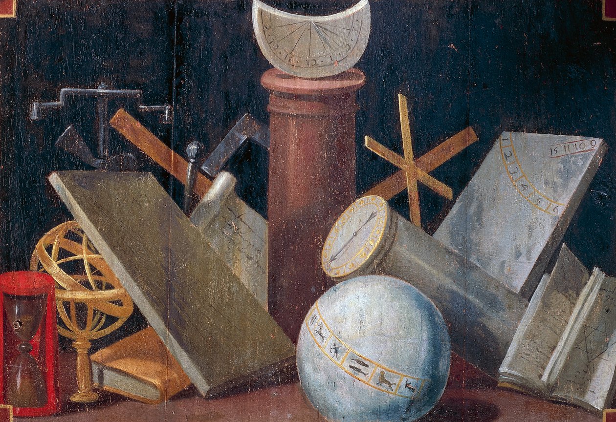 Videnskabelige og astronomiske instrumenter, ca 1620, panelmaleri af Jean Mosnier (1600-1656). Beauregard Slot, Loir-et-Cher, Frankrig. af Jean Monier or Mosnier