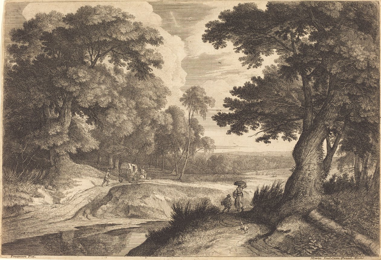 Udkanten af en skov med bønder på vej på markedet af Jean Morin, after Jacques Fouquières