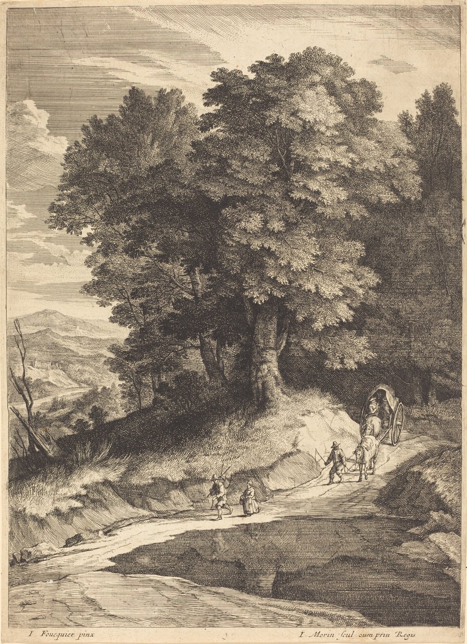 Kanten af et skov med rejsende i en vogn af Jean Morin, after Jacques Fouquières