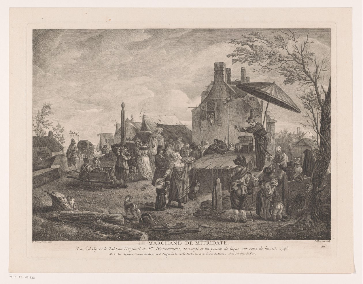landsbyteater Le Marchand de Mitridate (titel på objekt) Tryk efter malerier af Philips Wouwerman (serietitel) Oeuvres de Ph.pe Wouwermans Hollandois (serietitel) af Jean Moyreau
