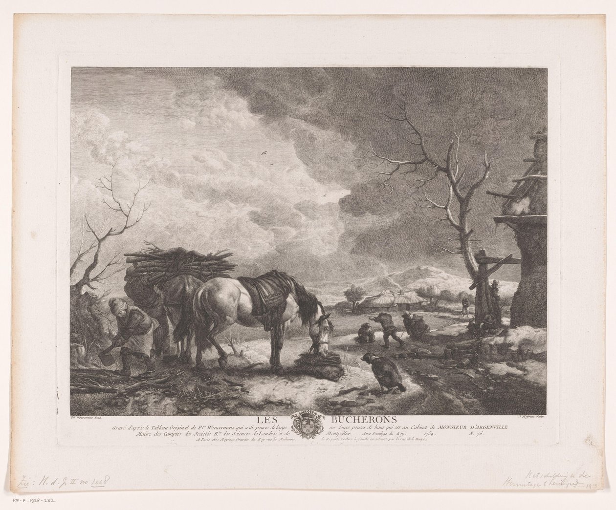 Skovhuggere i et vinterlandskab Les Bucherons (titel på objekt) Tryk efter malerier af Philips Wouwerman (serietitel) Oeuvres de Ph.pe Wouwermans Hollandois (serietitel) af Jean Moyreau