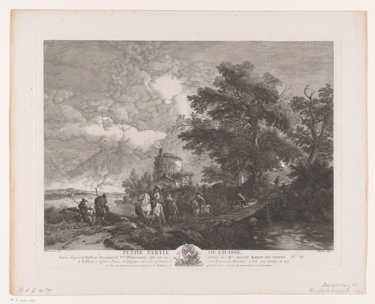 Jagtgruppe i et landskab med en bro Petite Partie de Chasse (titel på objekt) Tryk efter malerier af Philips Wouwerman (serietitel) Oeuvres de Ph.pe Wouwermans Hollandois (serietitel) af Jean Moyreau