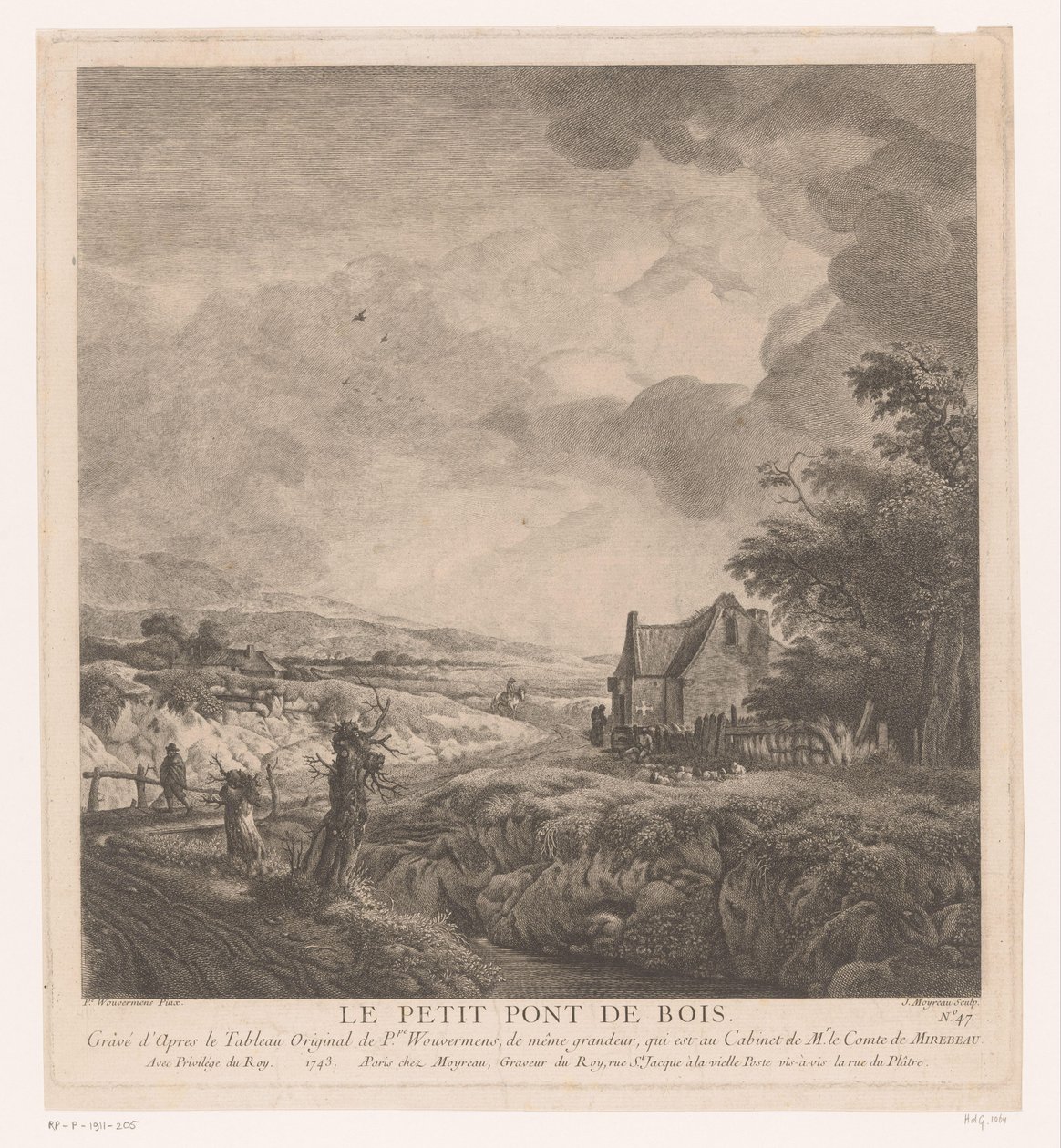 Landskab med et hus langs en sti over en bro Le petit pont de bois (titel på objekt) Tryk efter malerier af Philips Wouwerman (serietitel) Oeuvres de Ph.pe Wouwermans Hollandois (serietitel) af Jean Moyreau