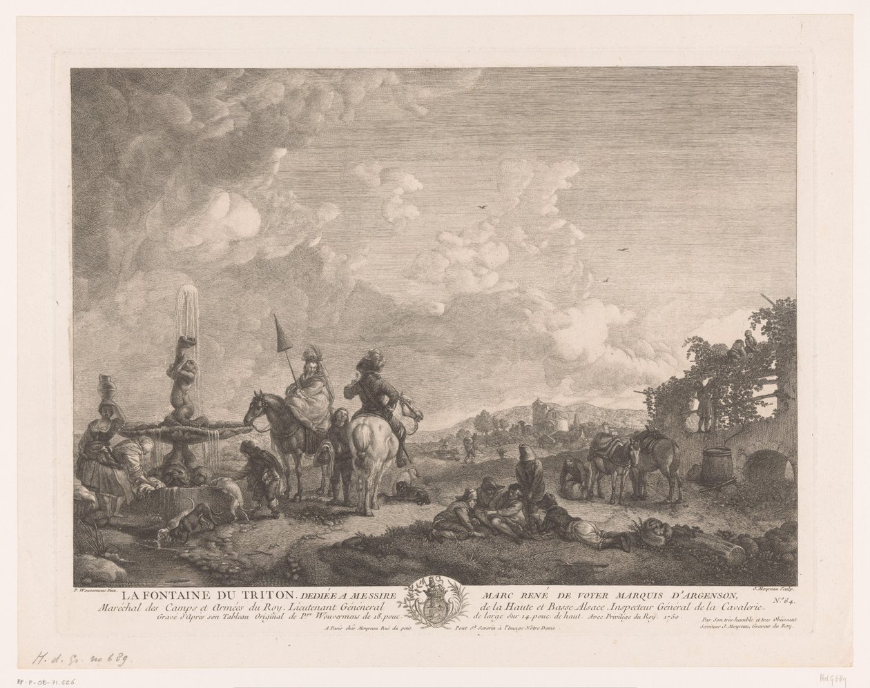 Landskab med figurer ved et springvand La Fontaine du Triton (titel på objekt) Tryk efter malerier af Philips Wouwerman (serietitel) Oeuvres de Ph.pe Wouwermans Hollandois (serietitel) af Jean Moyreau