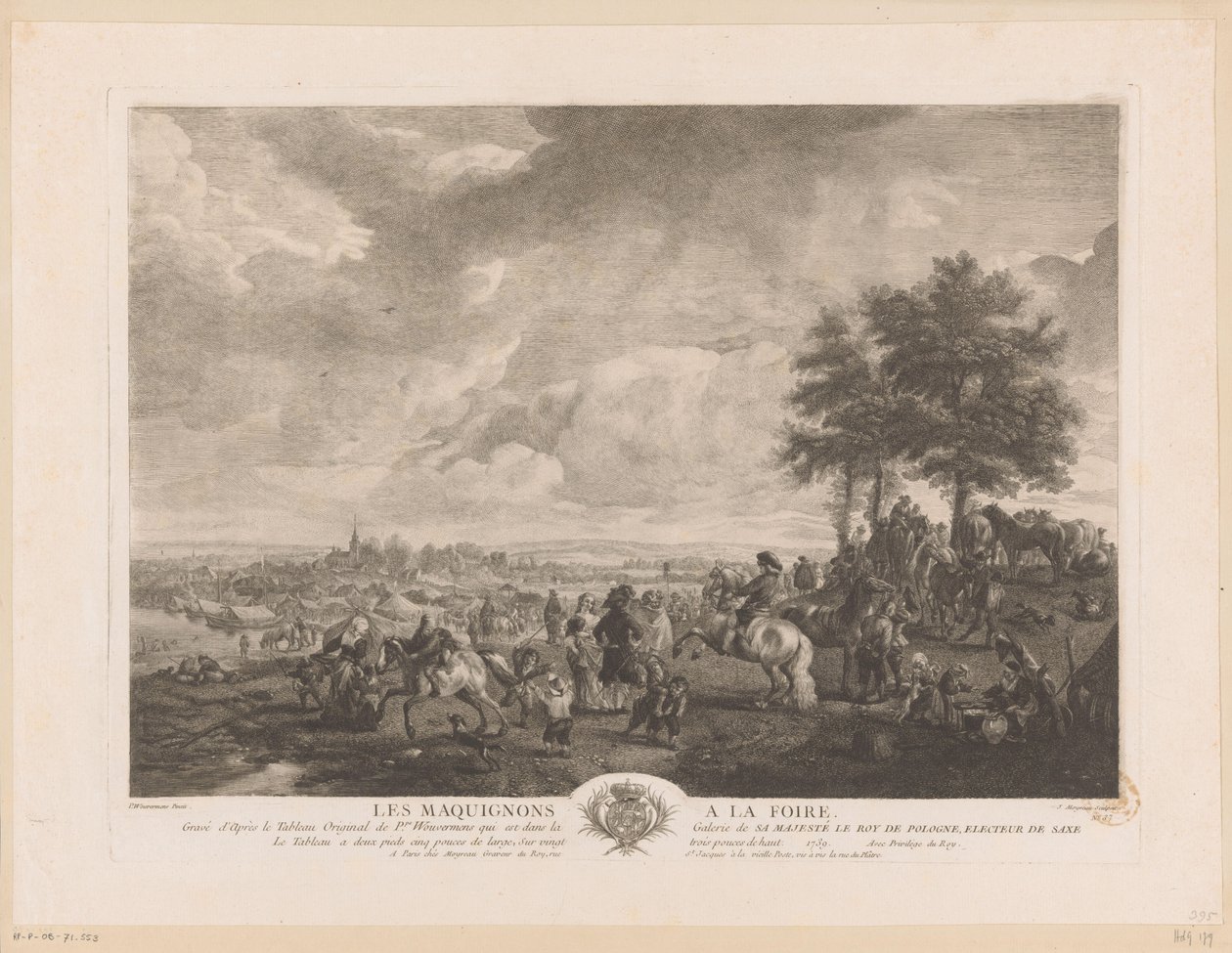 Landskab med hestehandlere på et marked Les Maquignons à la Foire (titel på objekt) Tryk efter malerier af Philips Wouwerman (serietitel) Oeuvres de Ph.pe Wouwermans Hollandois (serietitel) af Jean Moyreau