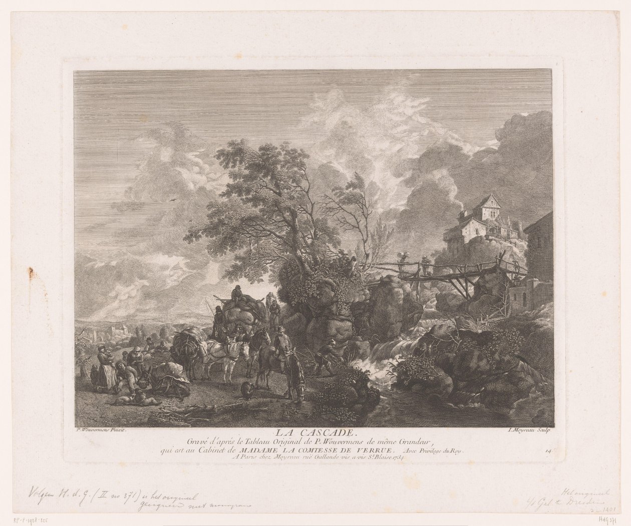 Landskab med rejsende ved et vandfald La cascade (titel på objekt) Tryk efter malerier af Philips Wouwerman (serietitel) Oeuvres de Ph.pe Wouwermans Hollandois (serietitel) af Jean Moyreau