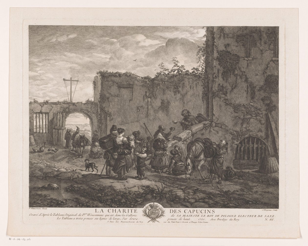 Munke deler mad ud til pilgrimme i en gårdhave La Charité des Capucins (titel på objekt) Tryk efter malerier af Philips Wouwerman (serietitel) Oeuvres de Ph.pe Wouwermans Hollandois (serietitel) af Jean Moyreau