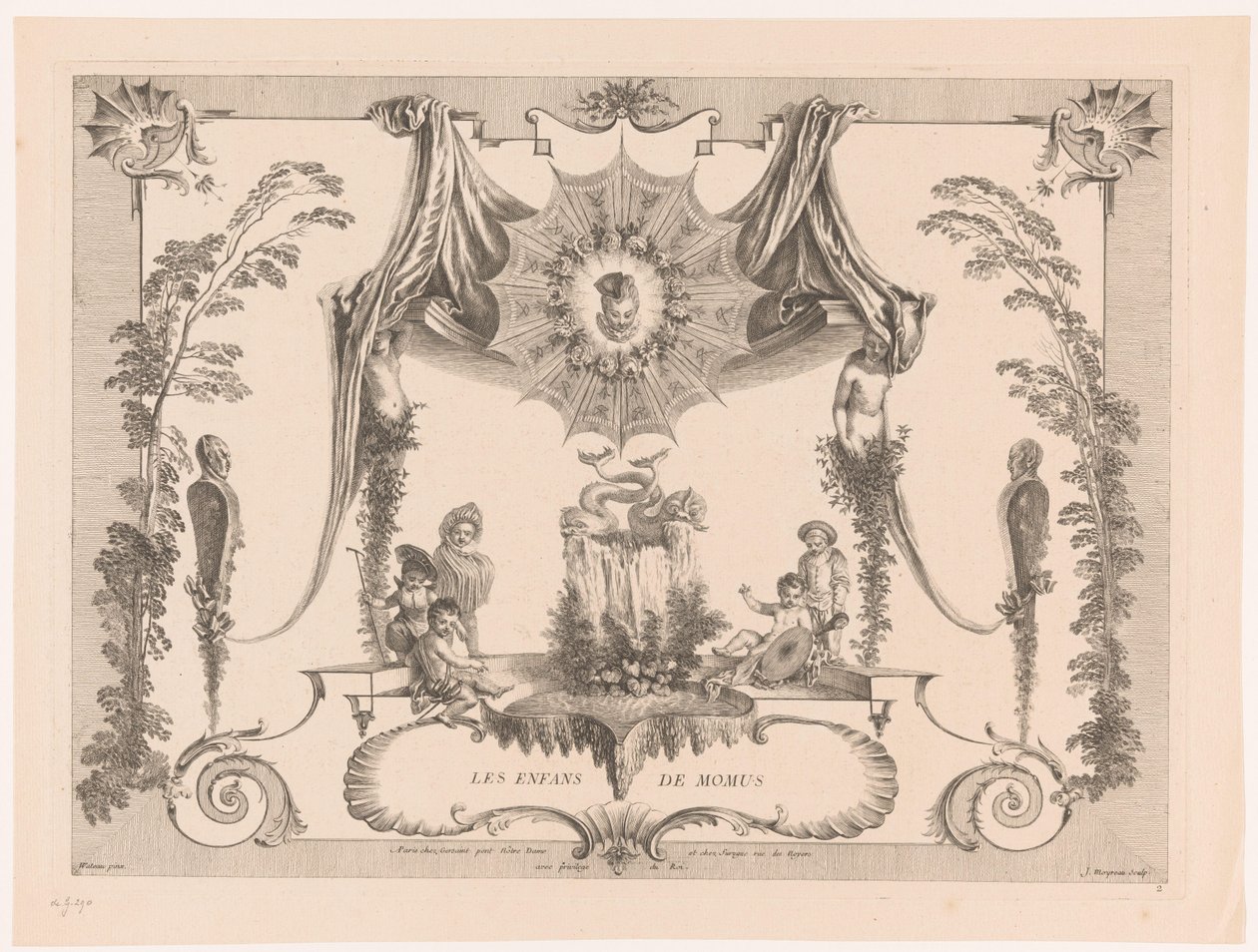 Design til paneler med børn ved et springvand Les Enfans de Momus (titel på objekt) Oeuvre af Antoine Watteau (serietitel) L