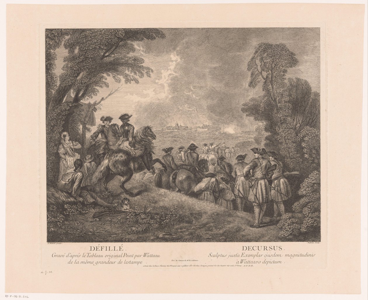 Procession med soldater på vej til en by Défillé - Decursus (titel på objekt) Værker af Antoine Watteau (serietitel) Værket af Antoine Watteau, peintre du roy en son Academie roïale de peinture et sculpture (...) (serietitel) af Jean Moyreau