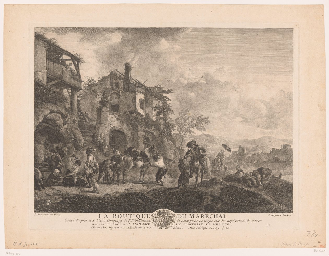 Rejsende ved en smed La Boutique du Marechal (titel på objekt) Udskrifter til malerier af Philips Wouwerman (serietitel) Oeuvres de ph.pe Wouwermans Hollandois (serietitel) af Jean Moyreau