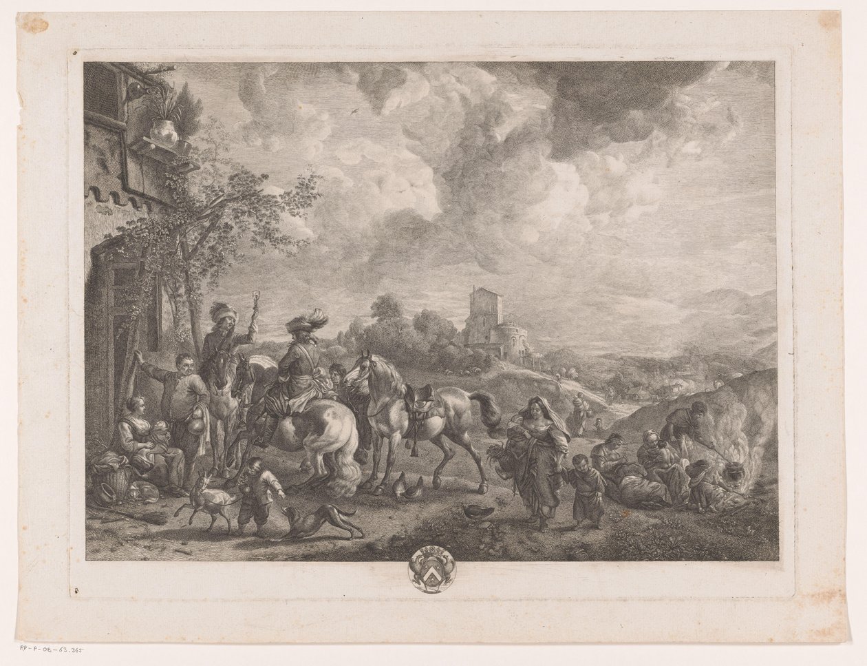 Rejsende til en kro Les Bohemians Tryk efter malerier af Philips Wouwerman (serietitel) Oeuvres de Ph.pe Wouwermans Hollandois (serietitel) af Jean Moyreau