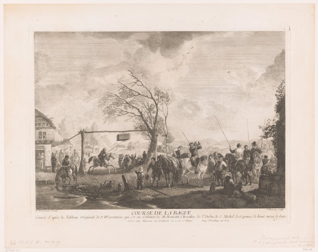 Ringeskilt på en landsbykro Cours de la bague (titel på objekt) Tryk efter malerier af Philips Wouwerman (serietitel) Oeuvres de Ph.pe Wouwermans Hollandois (serietitel) af Jean Moyreau