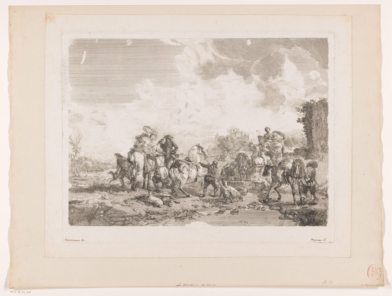 Hvilende jagtselskab ved et springvand La Fontaine de Venus Tryk efter malerier af Philips Wouwerman (serietitel) Oeuvres de Ph.pe Wouwermans Hollandois (serietitel) af Jean Moyreau