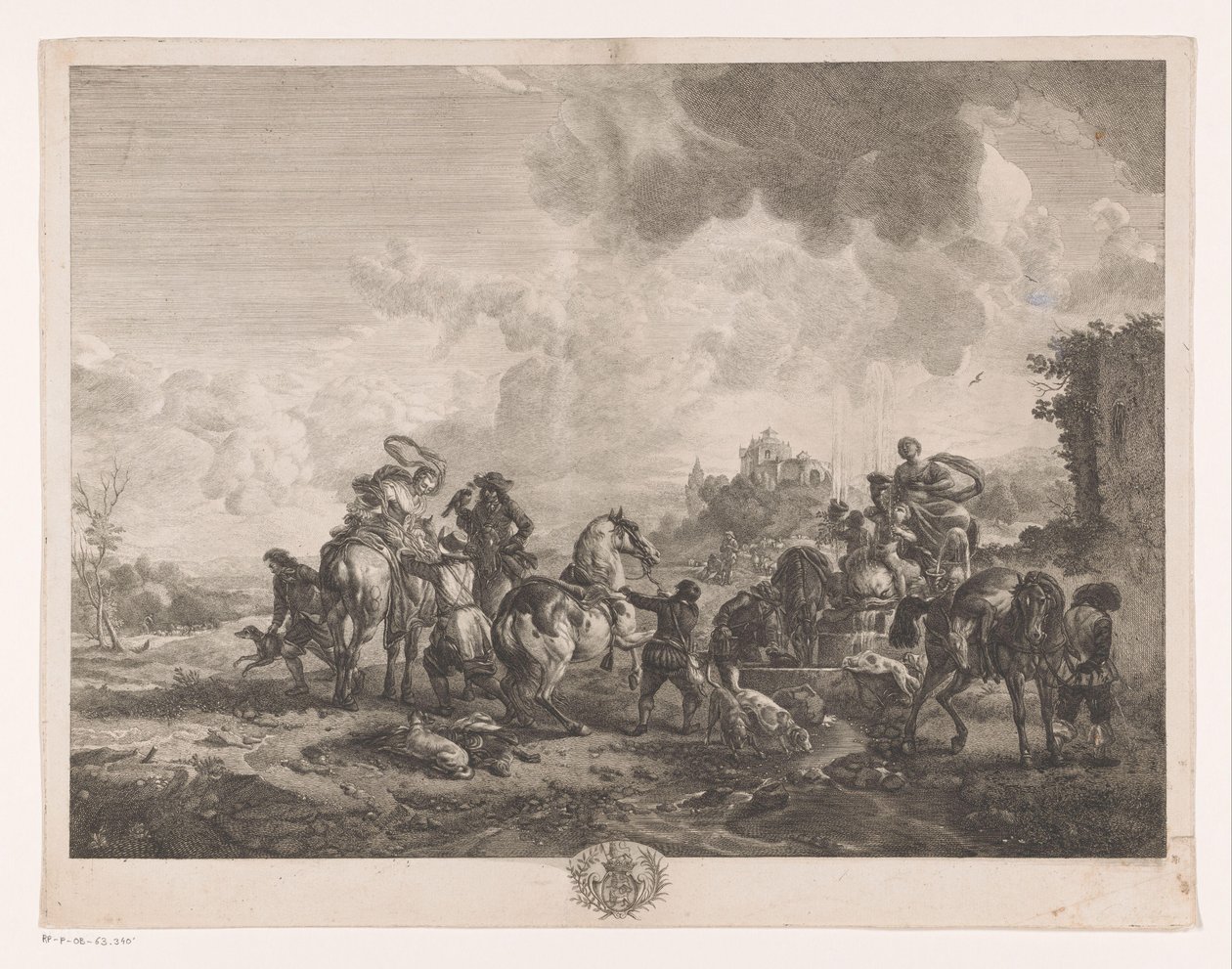 Hvilende jagtselskab ved et springvand La Fontaine de Venus Tryk efter malerier af Philips Wouwerman (serietitel) Oeuvres de Ph.pe Wouwermans Hollandois (serietitel) af Jean Moyreau