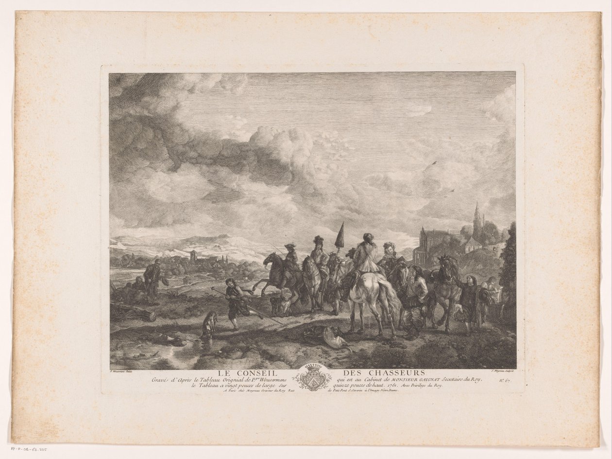 Hvilende jagtfest i et landskab Le Conseil des Chasseurs (titel på objekt) Tryk efter malerier af Philips Wouwerman (serietitel) Oeuvres de Ph.pe Wouwermans Hollandois (serietitel) af Jean Moyreau