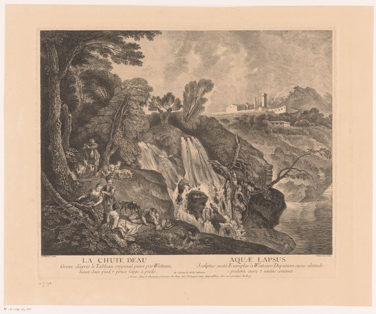 Rustende figurer ved en vandval Vandfaldet - Aquae Lapsus (titel på objekt) Værk af Antoine Watteau (serietitel) Værket af Antoine Watteau, maler for kongen i hans Royal Academy of Painting and Sculpture (...) (serietitel) af Jean Moyreau