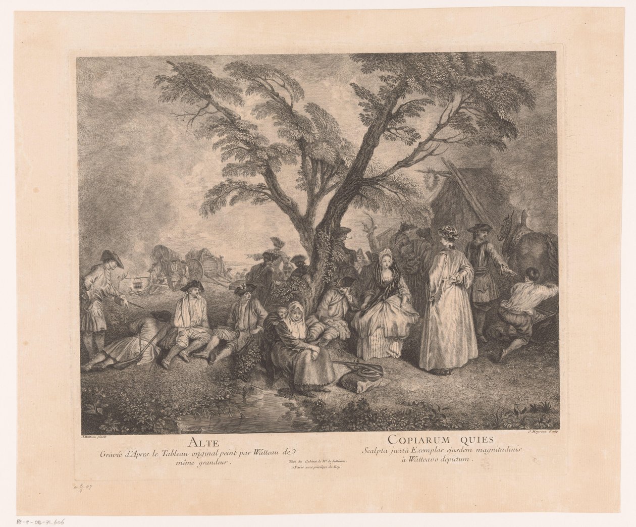 Rustende rejsende ved een halte Alte - Copiarum Quies (titel på objekt) Værk af Antoine Watteau (serietitel) Værket af Antoine Watteau, maler for kongen i hans Royal Academy of Painting and Sculpture (...) (serietitel) af Jean Moyreau