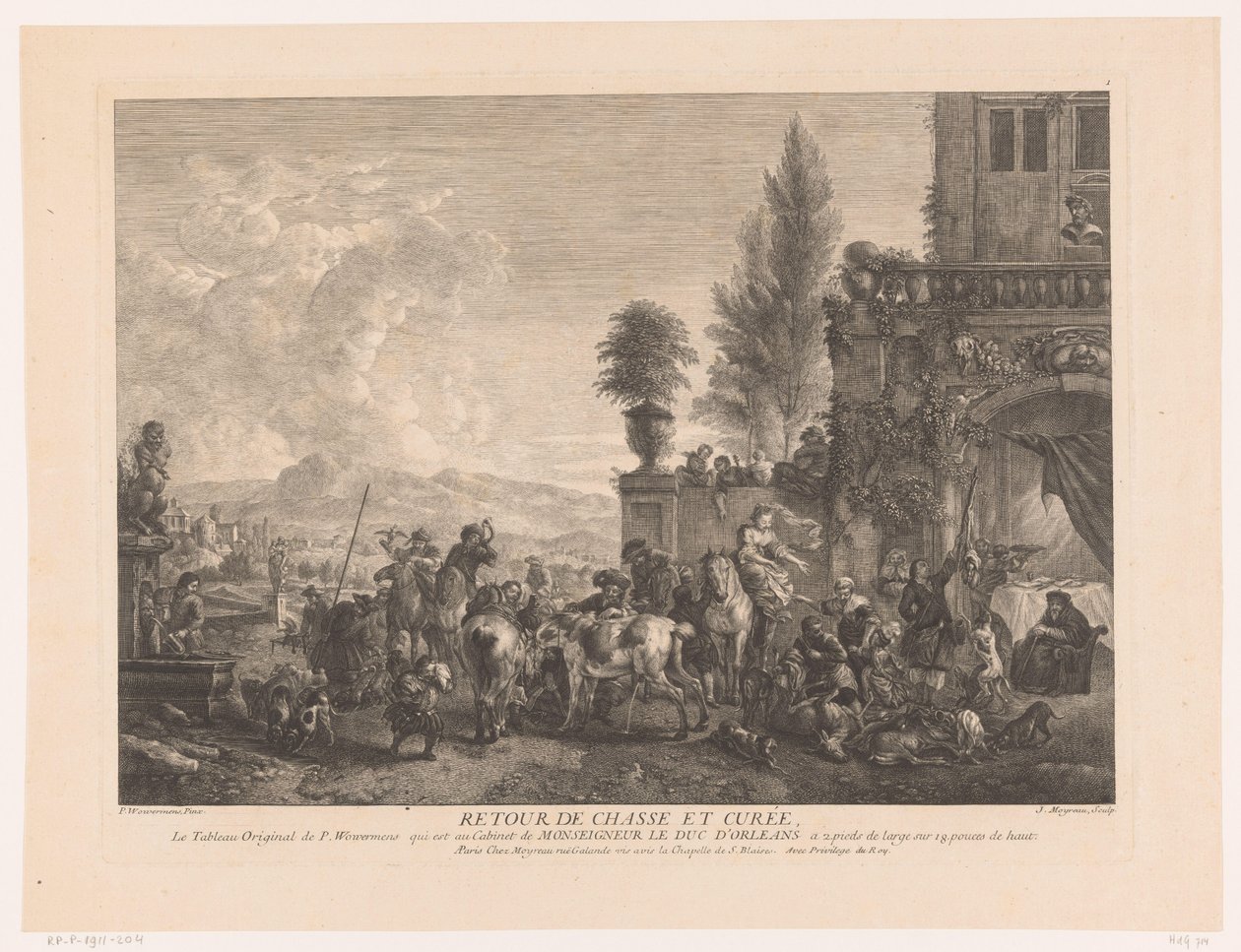 Hjemvendt jagtselskab Returner chasse et curée (titel på objekt) Tryk efter malerier af Philips Wouwerman (serietitel) Oeuvres de Ph.pe Wouwermans Hollandois (serietitel) af Jean Moyreau