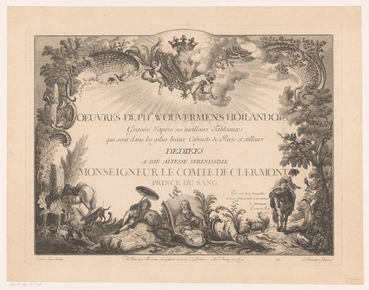 Titeltryk med figurer og dyr i et landskab, med portrættet af Philips Wouwerman Tryk efter malerier af Philips Wouwerman (serietitel) Oeuvres de Ph.pe Wouwermans Hollandois (serietitel på objekt) af Jean Moyreau