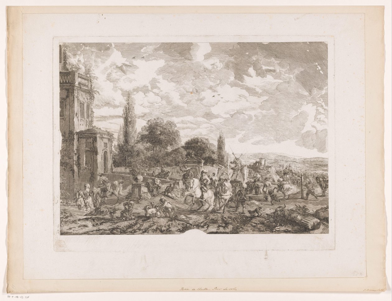 Afgående jagtselskab til et hus Partie de Chasse pour le Vol Tryk efter malerier af Philips Wouwerman (serietitel) Oeuvres de Ph.pe Wouwermans Hollandois (serietitel) af Jean Moyreau