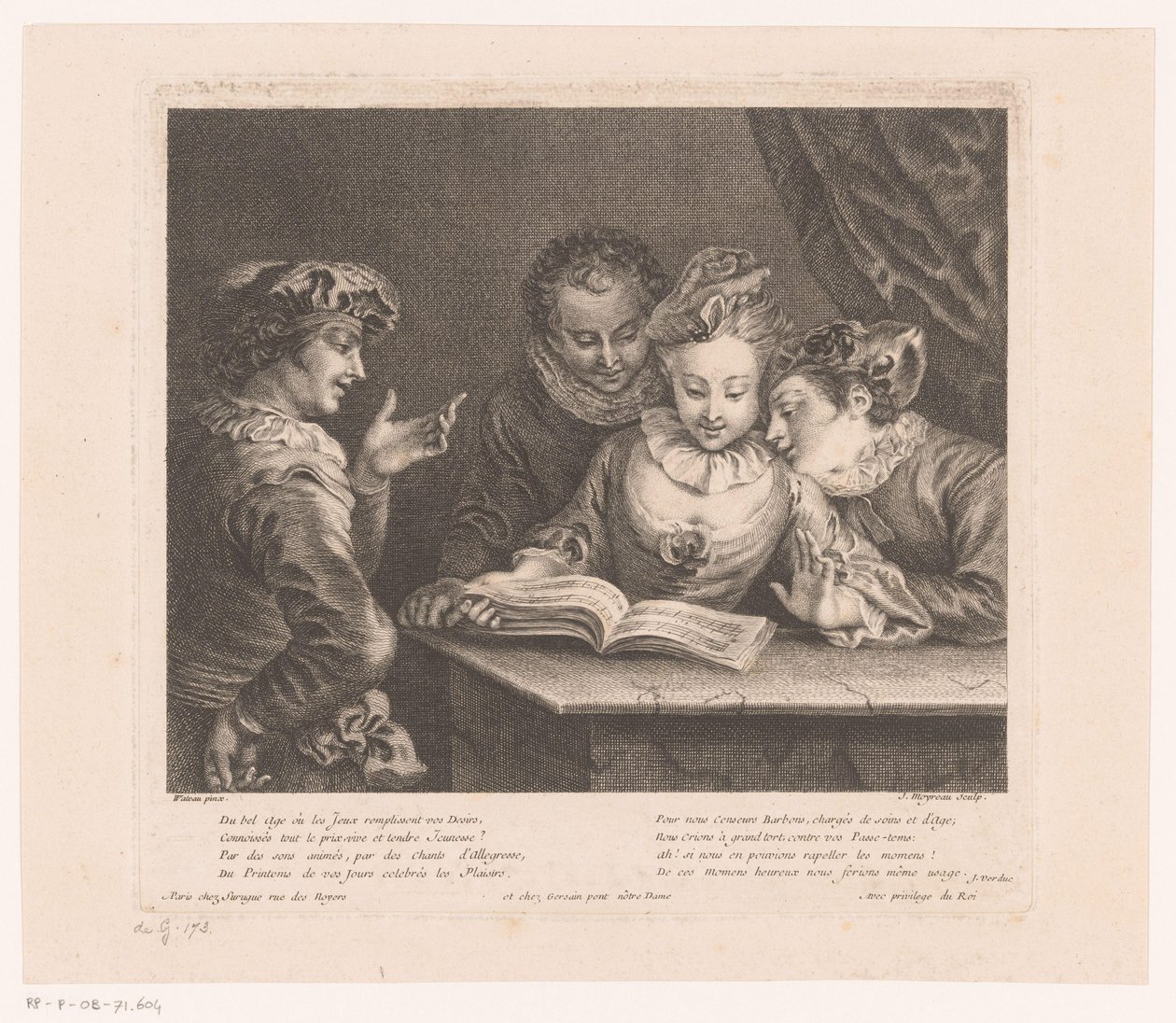 Syngende ung kvinde og tre unge mænd ved et bord Oeuvre af Antoine Watteau (serietitel) L