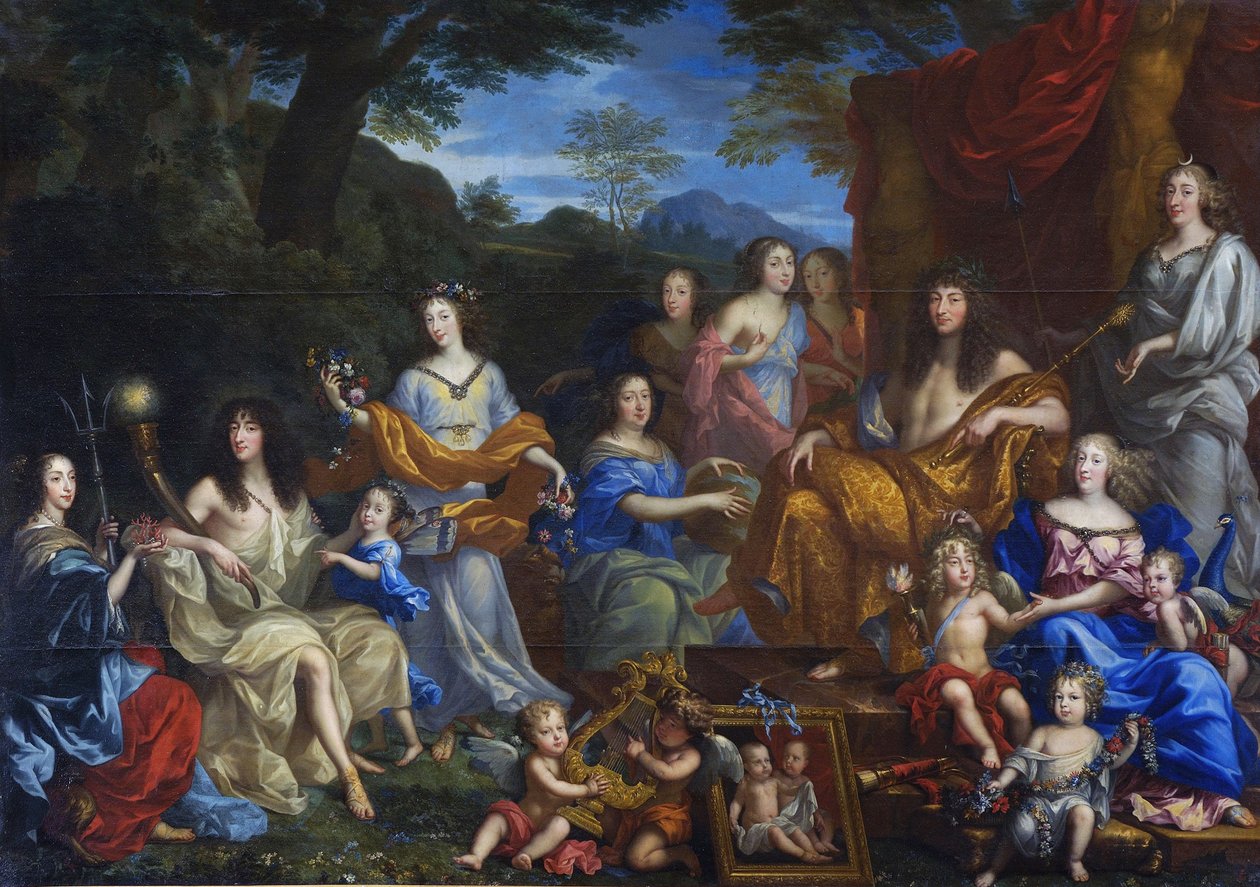 Fransk: Portrait mythologique de la famille de Louis XIV Mytologisk portræt af Louis XIV og den kongelige familie af Jean Nocret