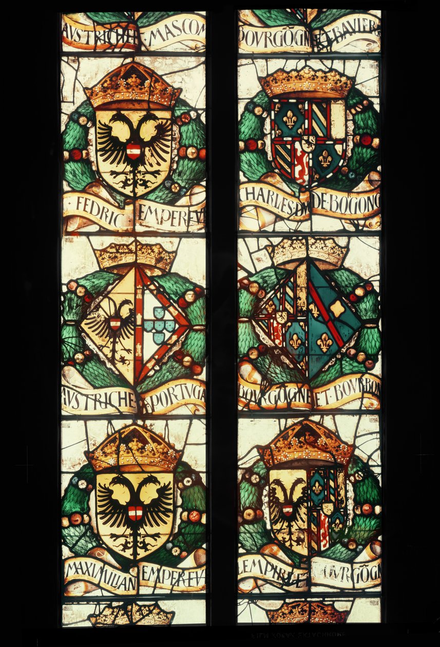 Heraldiske våbenskjolde fra de kongelige familier i Østrig, Tyskland, Frankrig og Portugal forbundet med giveren, Margaret af Østrig, 1527-29 af Jean Orquois Antoine Noisin