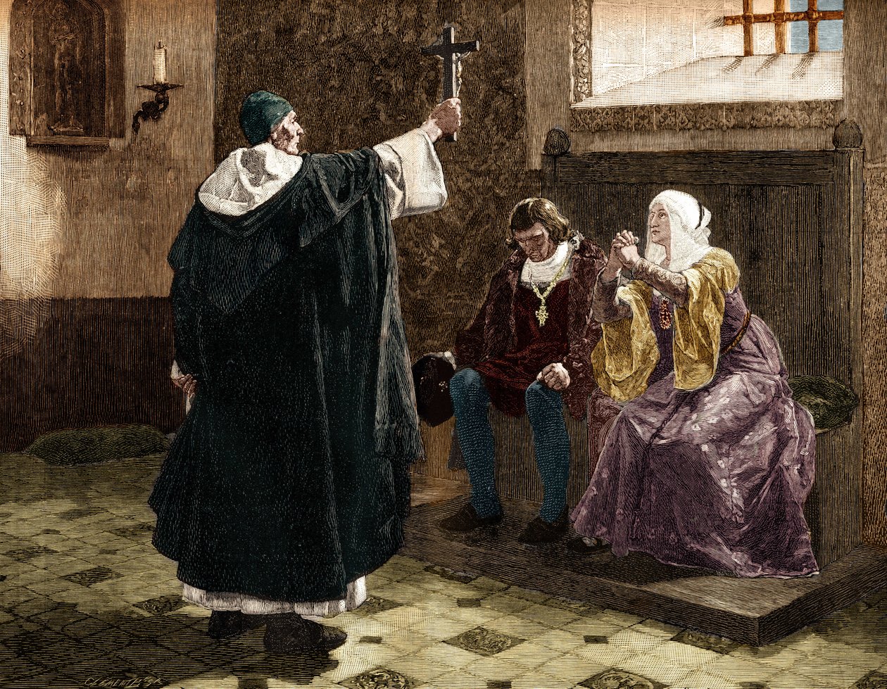 Den store spanske inkvisitor, Fray Tomas de Torquemada (1420-1498), blandt de katolske konger Ferdinand II og Isabella 1. af Castilla af Jean Paul (after) Laurens
