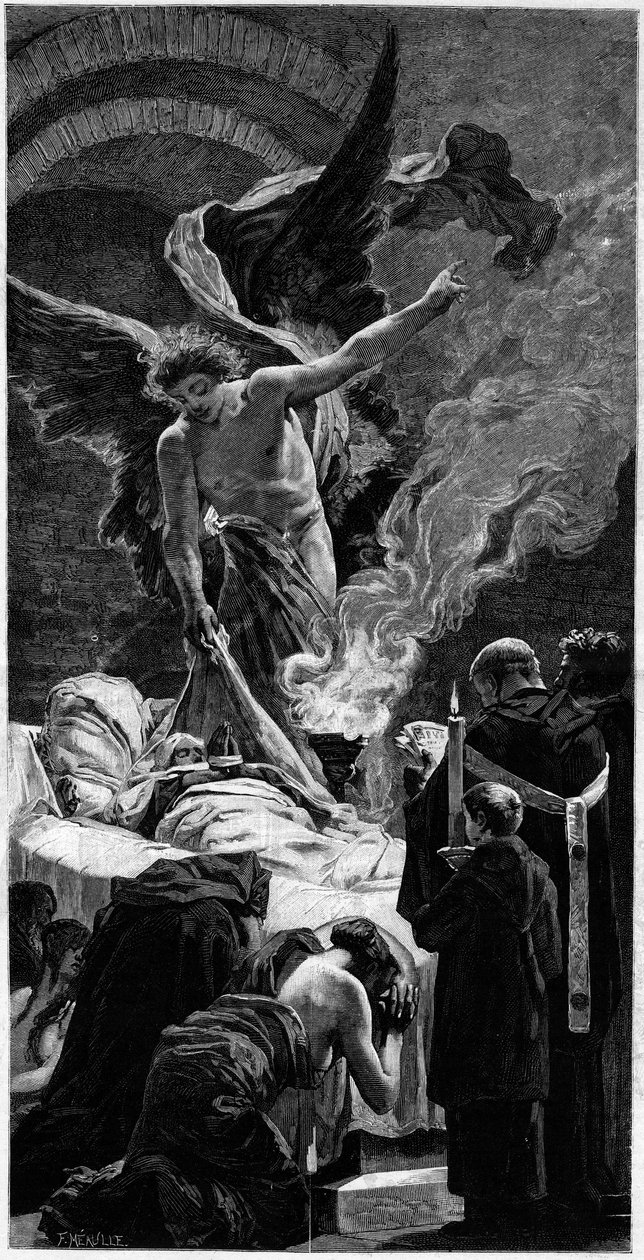 Sankt Genevieves forvandling. Gravering efter freskoen af Jean Paul Laurens (1838-1921) ved Pantheon i Paris. I "" The Illustrous World"" nr. 1312 af 20. maj af Jean Paul (after) Laurens