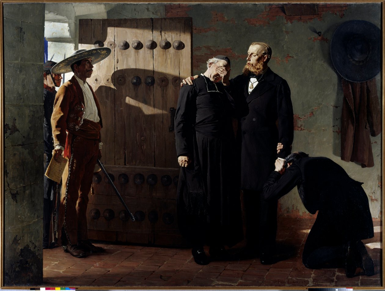 Kejser Maximilian I (1832-1867) af Mexico før hans henrettelse den 19. juni 1867 Kongen trøstede en præst, inden han forlod sit fængsel. Maleri af Jean Paul Laurens (1838-1921) 1882 Sankt Petersborg. Eremitagemuseet. af Jean Paul Laurens