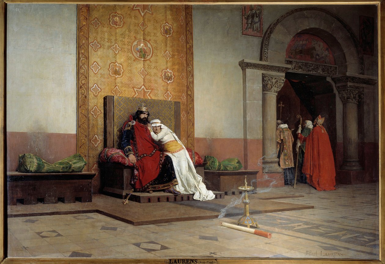 Ekskommunikation af Robert II den Fromme i 998. Kongen af Frankrig, søn af Hugues Capet, forelsker sig og gifter sig med sin kusine Berthe af Bourgogne på trods af at pave Gregoire V., som også ekskommuniserer ham, er blevet fordømt. Maleri af Jean Paul La af Jean Paul Laurens