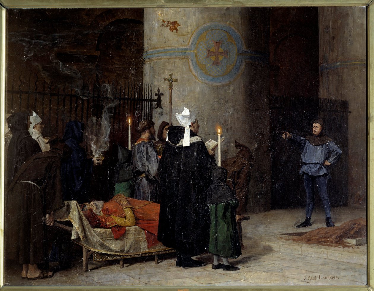 Begravelse af Vilhelm Erobreren (1027-1087), konge af England fra 1066 til 1087 (1087), i Abbey aux Hommes (Abbey-au-Hommes) i Caen. En mand ved navn Asselin afbryder ceremonien. Maleri af Jean Paul Laurens (1838-1921) af Jean Paul Laurens