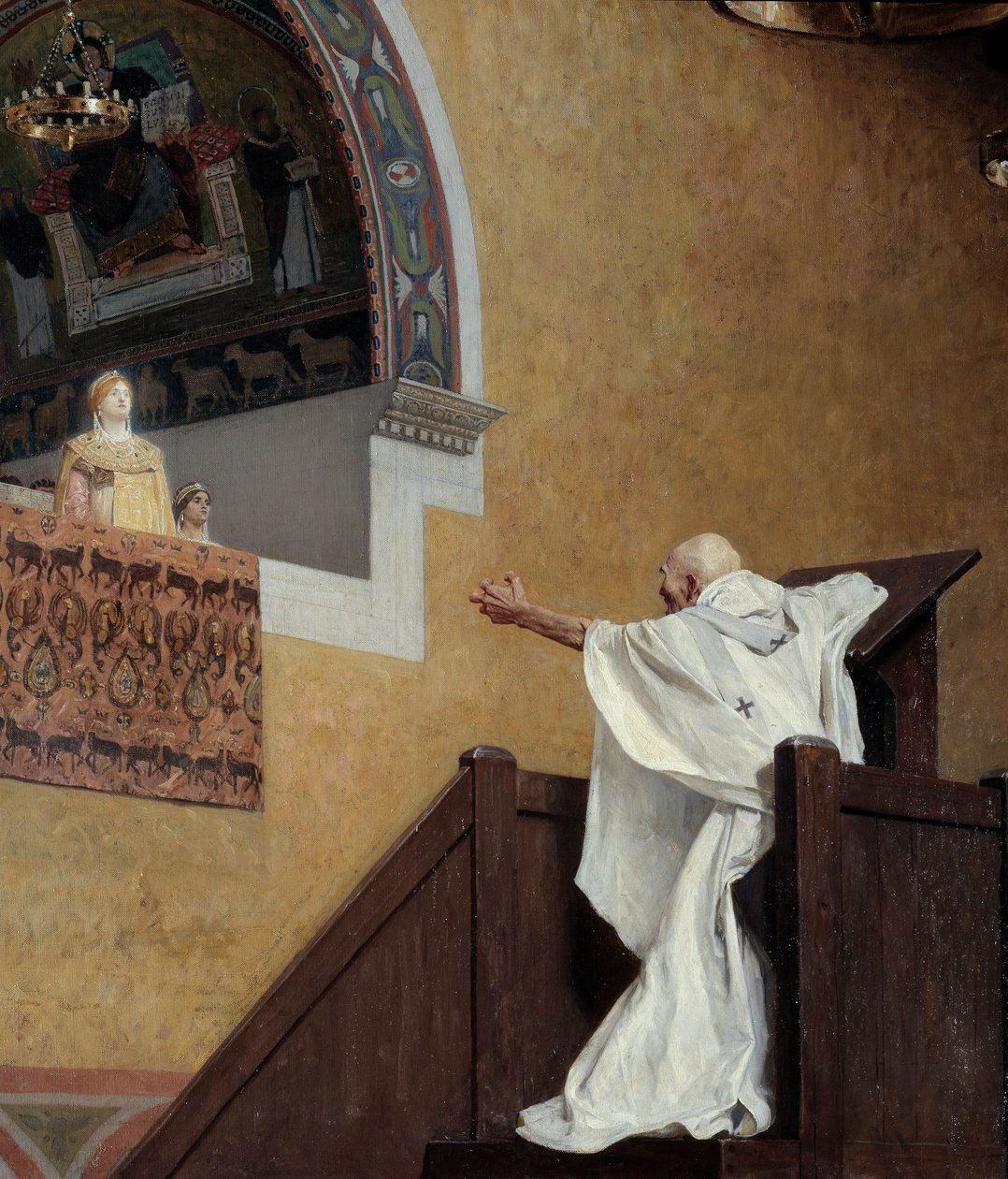 Sankt Johannes Chrysostom (349-407) og Imperatrix Eudoxia (? 404). Patriarken bebrejder den vestlige impress Eudoxia (Eudoxia Aelia) og giver hende skylden for hendes luksus og kærlighed til pompøsitet. Detalje. Maleri af Jean Paul Laurens (1838-1921) af Jean Paul Laurens