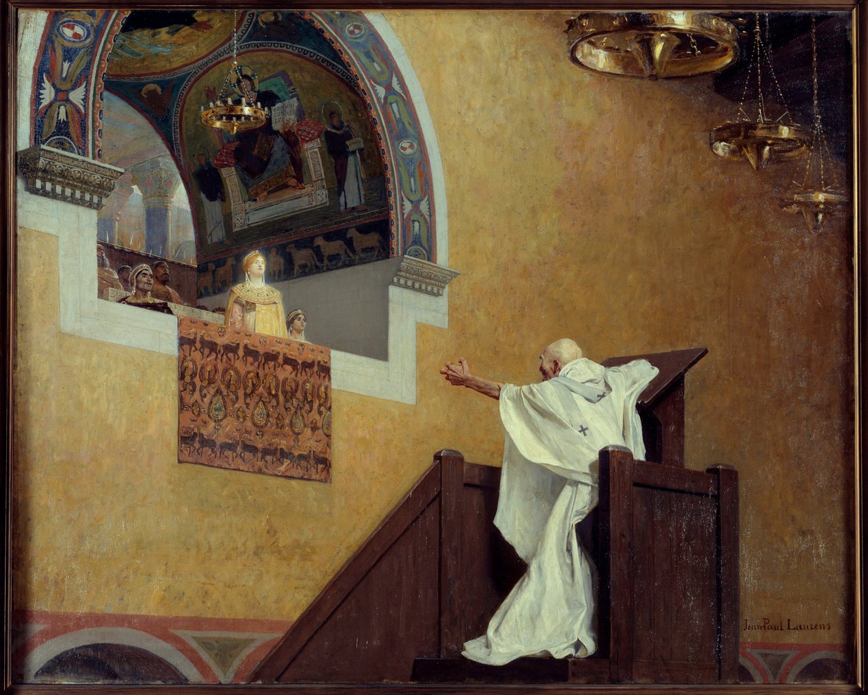 Sankt Johannes Chrysostom (349-407) og Imperatrix Eudoxia (? 404). Patriarken giver den vestlige impress Eudoxia (Eudoxia Aelia) skylden og giver hende skylden for hendes luksus og kærlighed til pragt. Maleri af Jean Paul Laurens (1838-1921) af Jean Paul Laurens