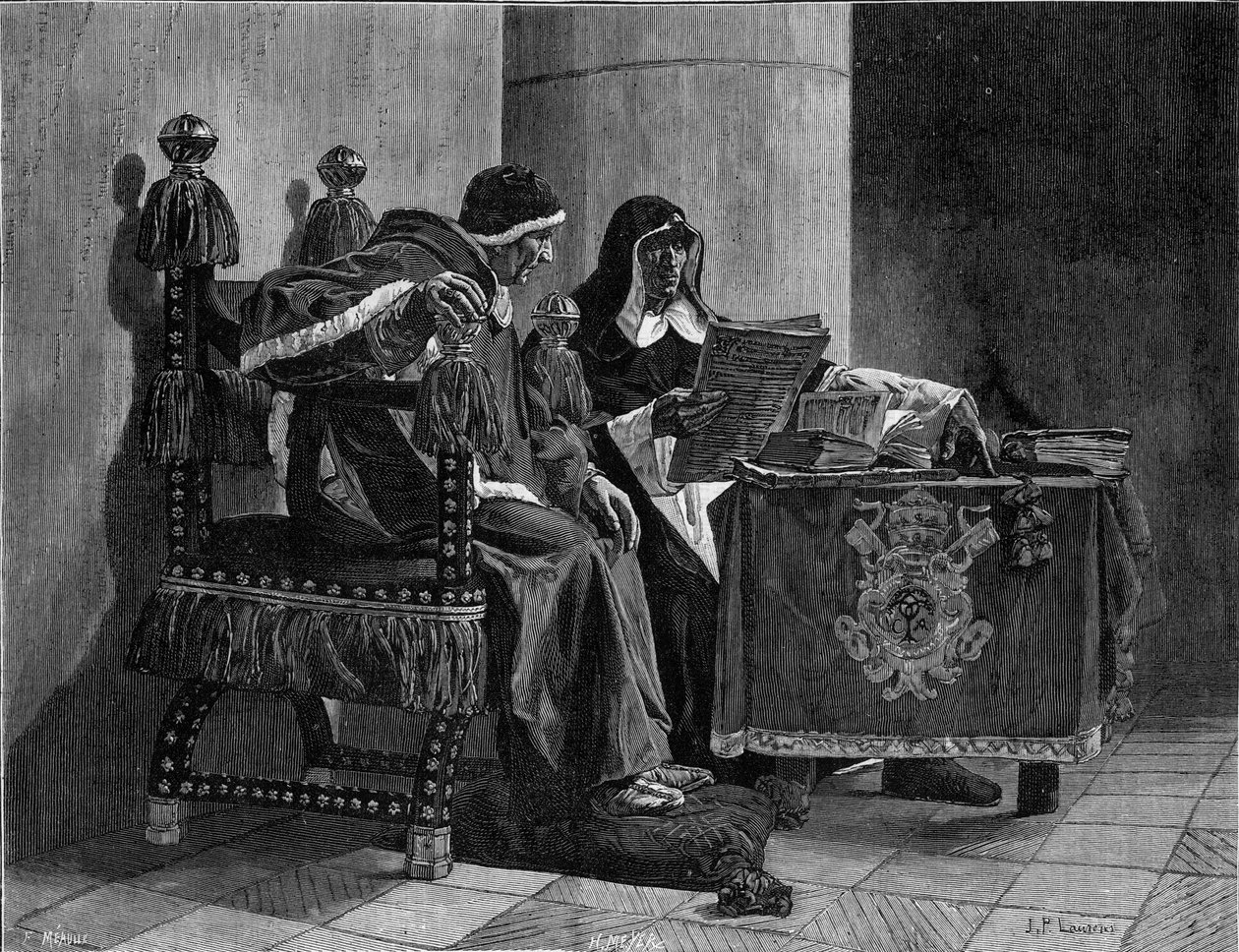 Paven og inkvisitoren siger også "Sixte IV (1471-1484) og Tomas de Torquemada (1420-1498)"" gravering efter maleriet af John Paul Laurens (1838-1921) af Jean Paul Laurens