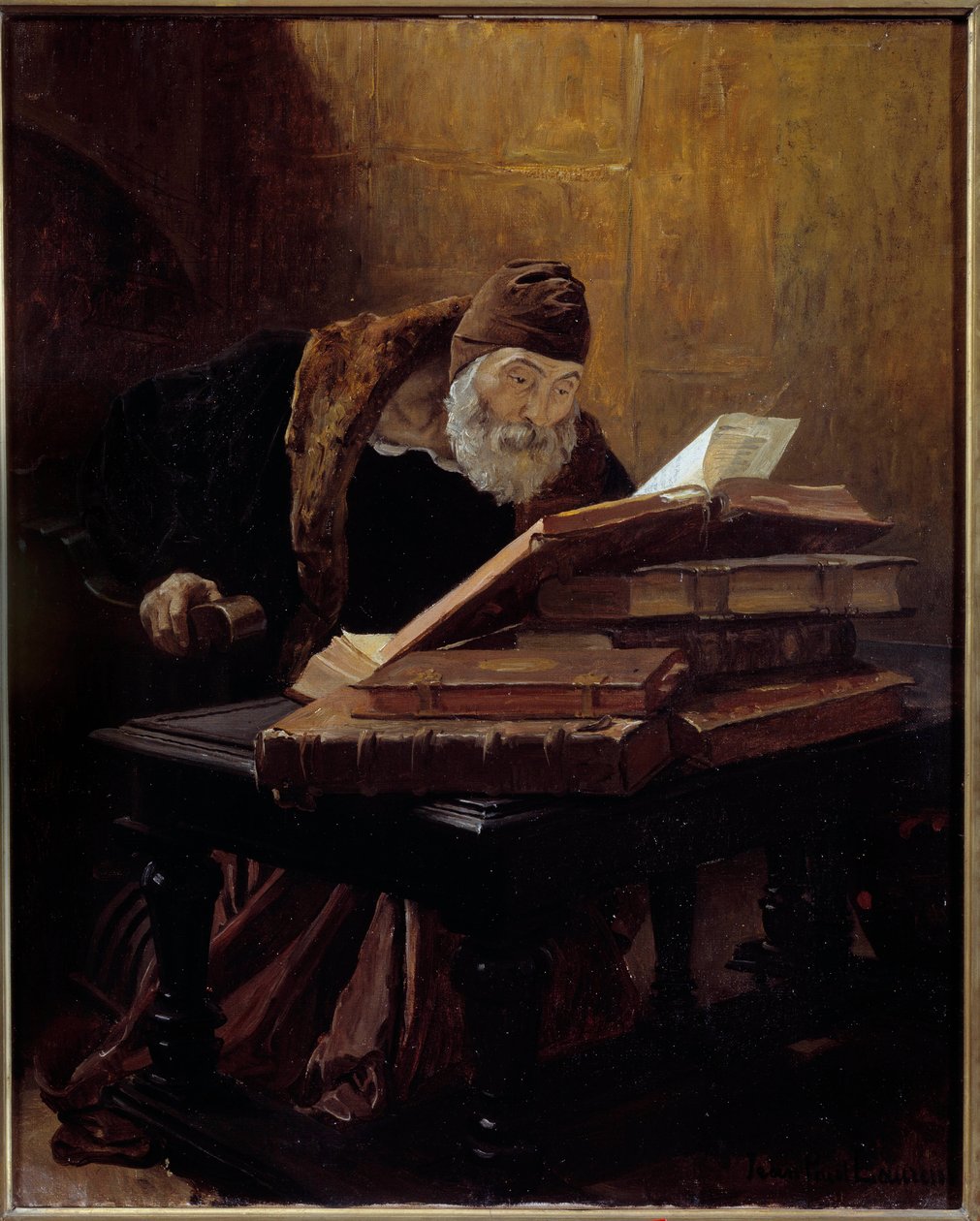 Den gamle videnskabsmand. Maleri af Jean Paul Laurens (1838-1921) 1889. Olie på lærred. Mål: 0,60 X 0,48 m. Toulouse, Musee Des Augustins - Den gamle videnskabsmand eller alkymisten. Maleri af Jean Paul Laurens (1838-1921) af Jean Paul Laurens
